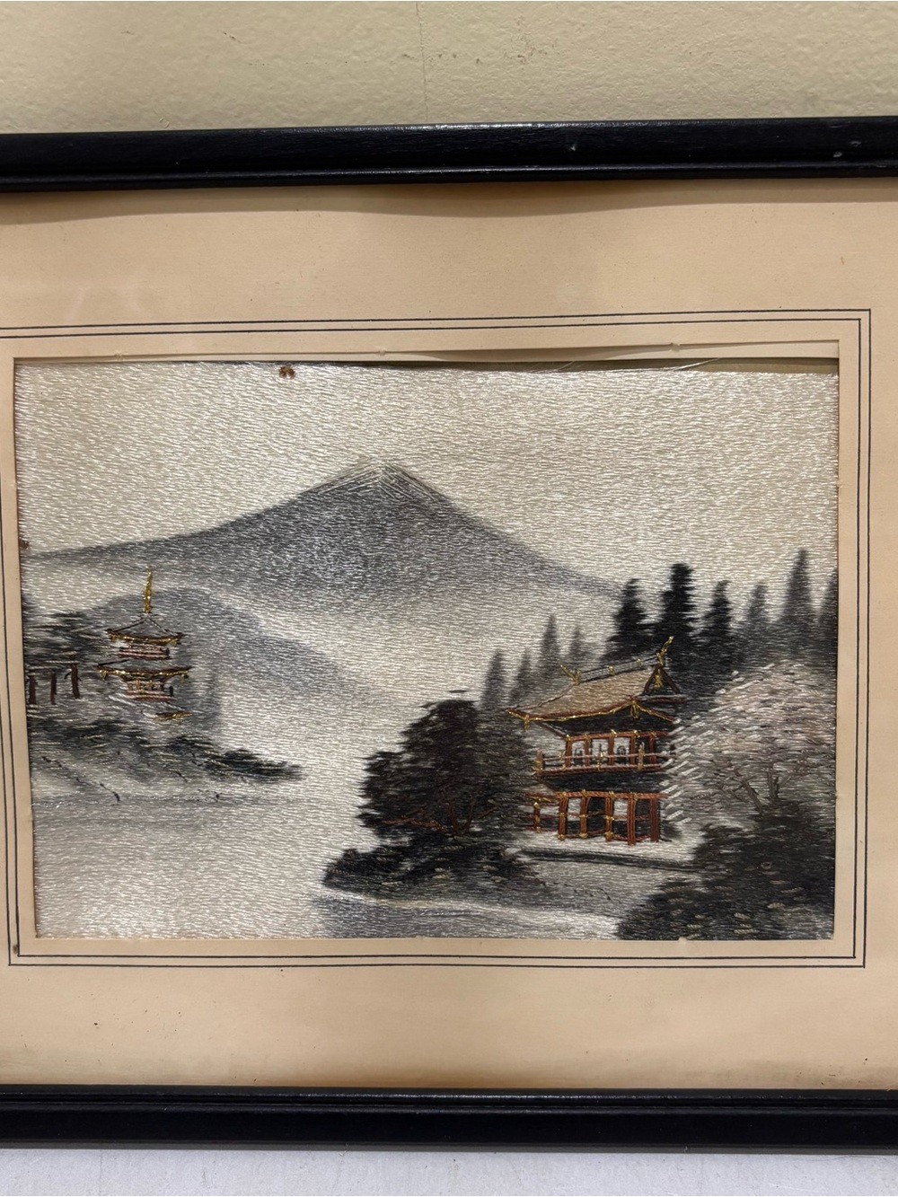 Vintage Framed Japanese Landscape Silk Embroidery Art in Cream, Gray and Gold